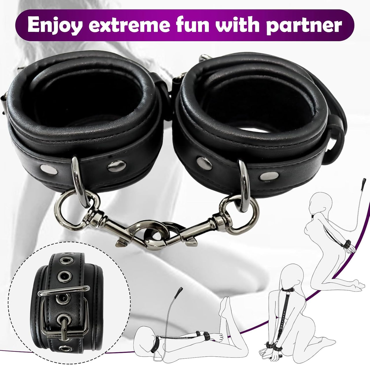 Neck-to-Wrist BDSM Restraints Kit with Chain, Collar & Handcuffs